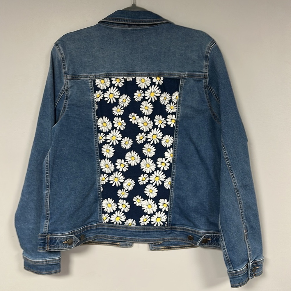 One-Of-A-Kind Colorful  Flower Child Boho Upcycled Denim Jacket, Women's Large